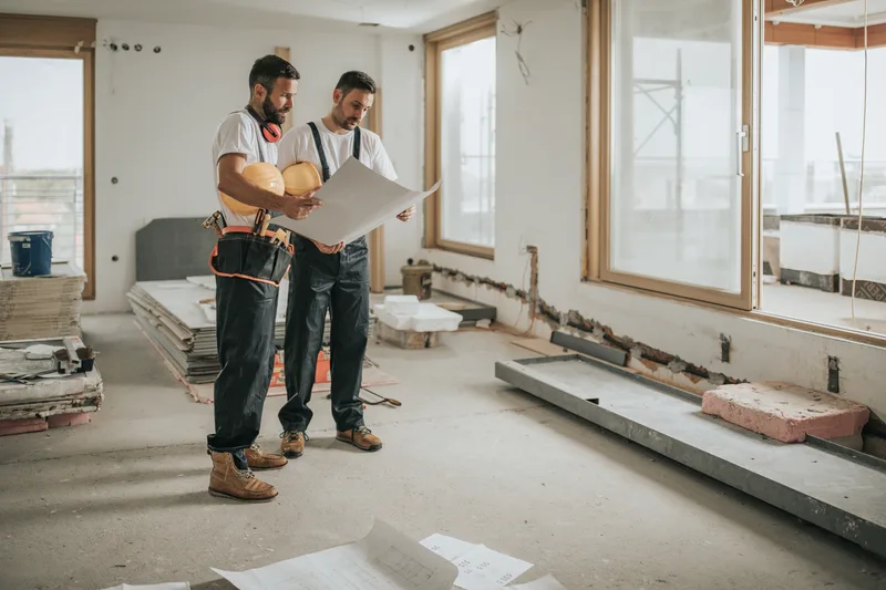 Two builders reading a set of plans together inside a house under renovation