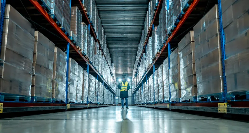 Worker in a high-visibility vest walking a long cold-storage aisle between tall racks of pallets