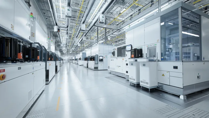 Bright advanced-manufacturing cleanroom with rows of process equipment and overhead utility racks