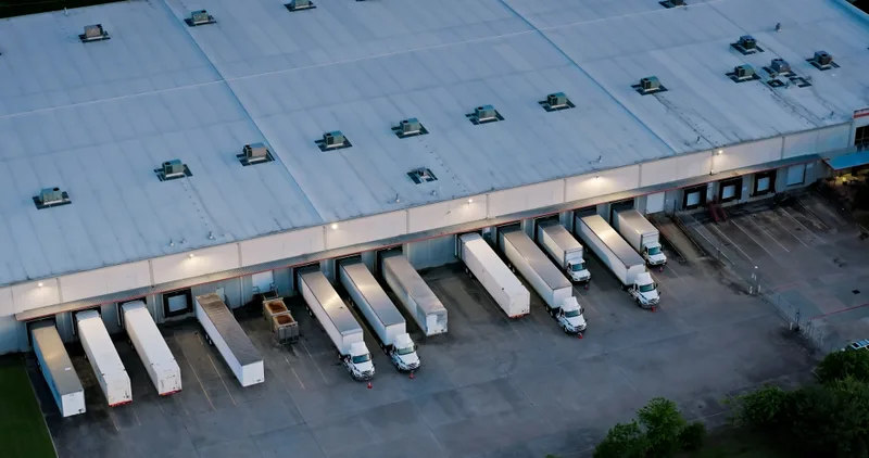 Aerial view of a distribution center roof and a row of truck trailers backed into loading docks