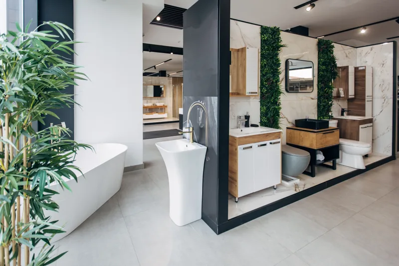 Bathroom showroom with full-size vanity, shower, and freestanding tub displays set in tiled booths