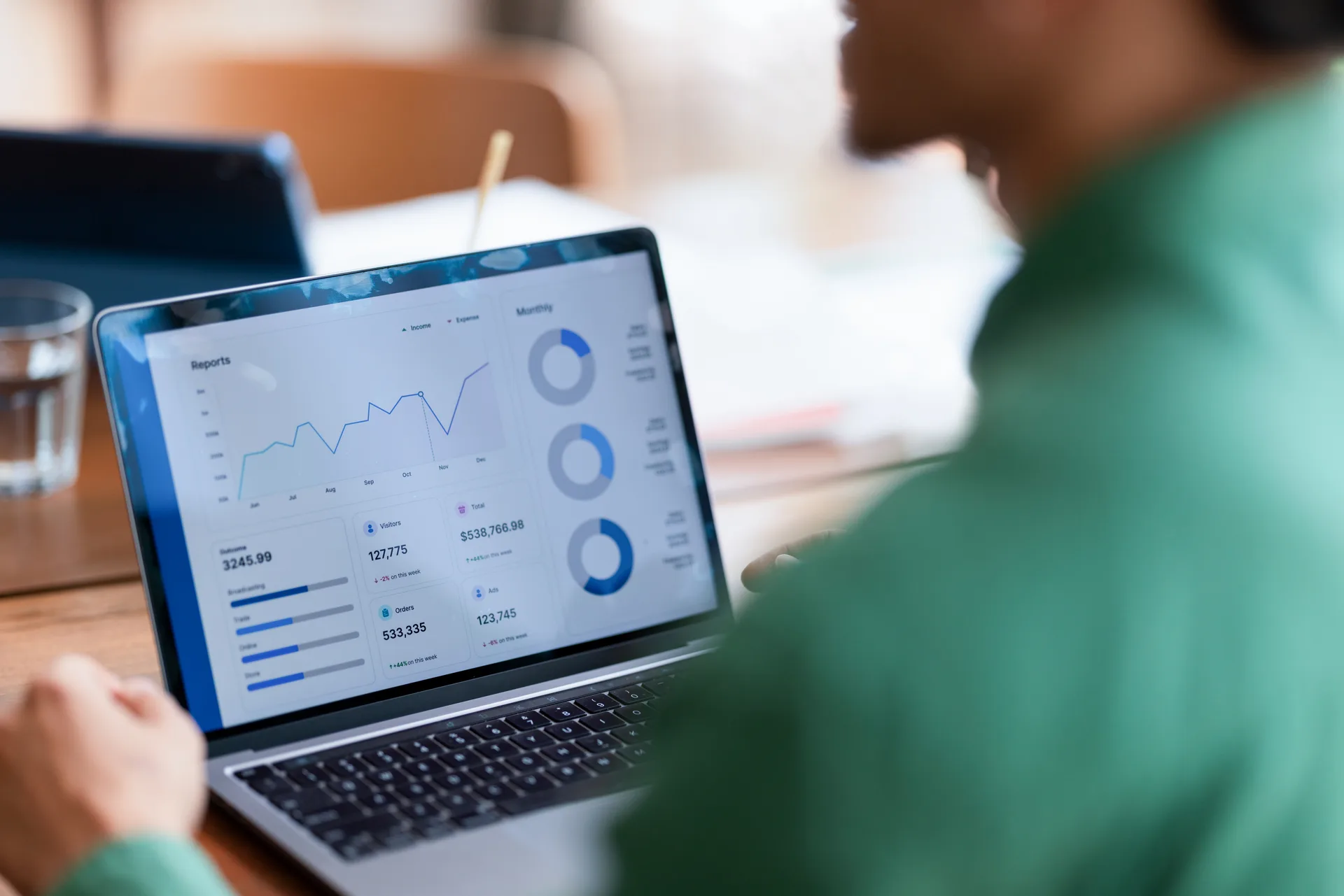 An analytics dashboard open on a laptop in a bright office — every service reports into numbers like these
