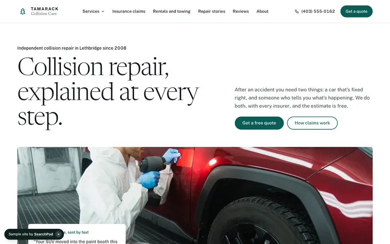 Tamarack Collision Care — homepage of the live sample site