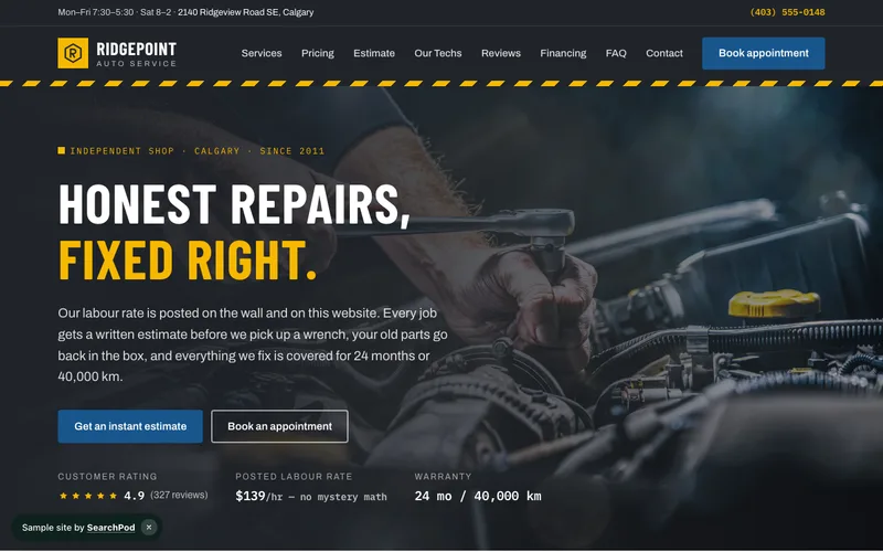 Ridgepoint Auto Service — homepage of the live automotive sample site