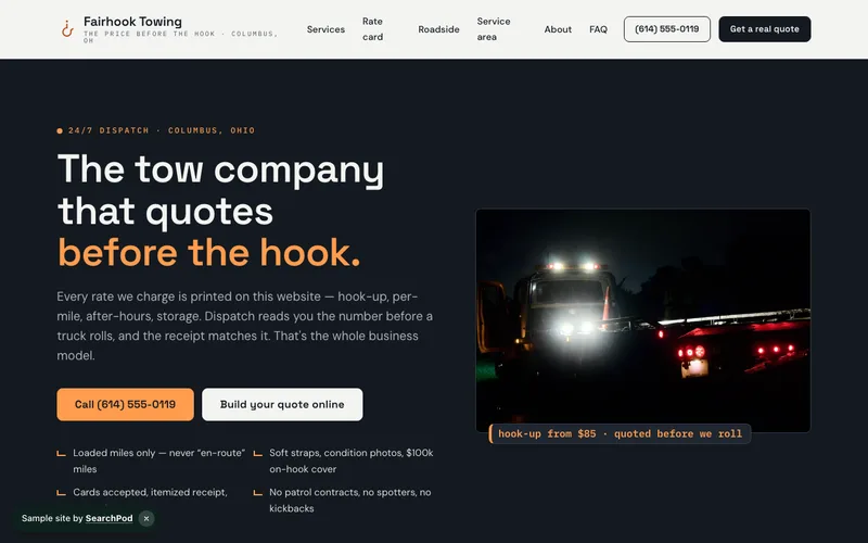 Fairhook Towing & Recovery — homepage of the live sample site