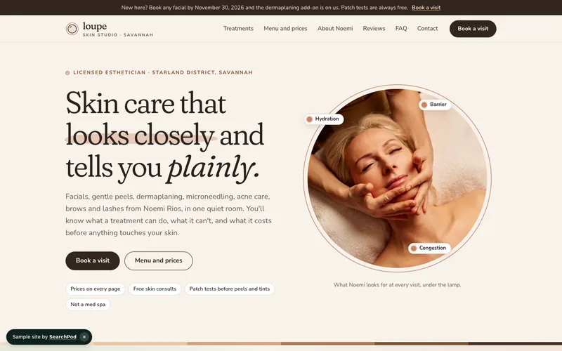 Loupe Skin Studio — homepage of the live sample site