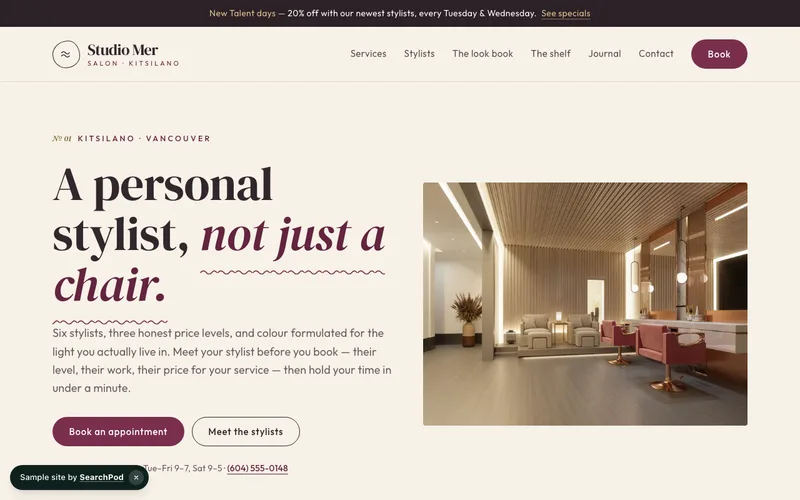 Studio Mer Salon — homepage of the live beauty sample site