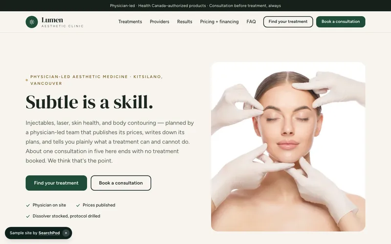 Lumen Aesthetic Clinic — homepage of the live beauty sample site