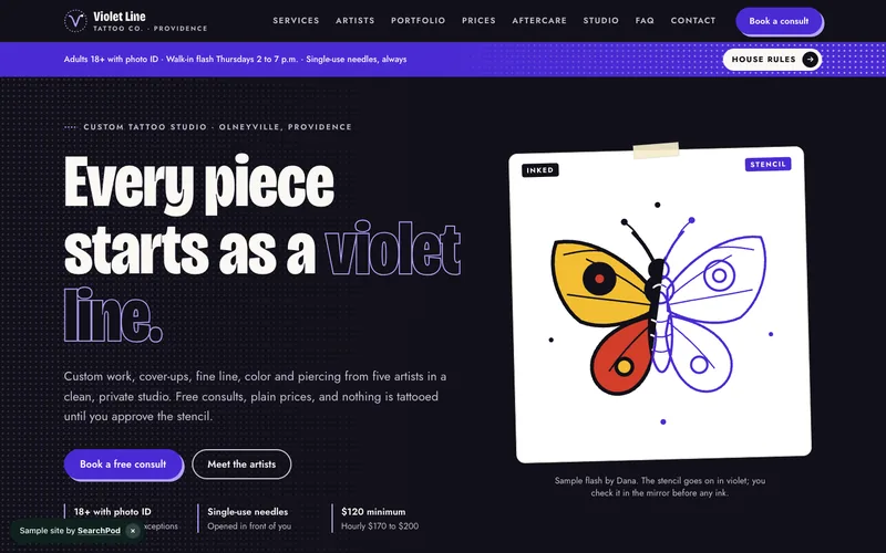 Violet Line Tattoo Co. — homepage of the live sample site