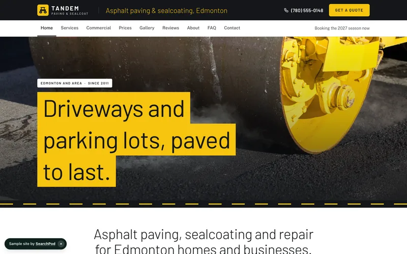 Tandem Paving & Sealcoat — homepage of the live sample site
