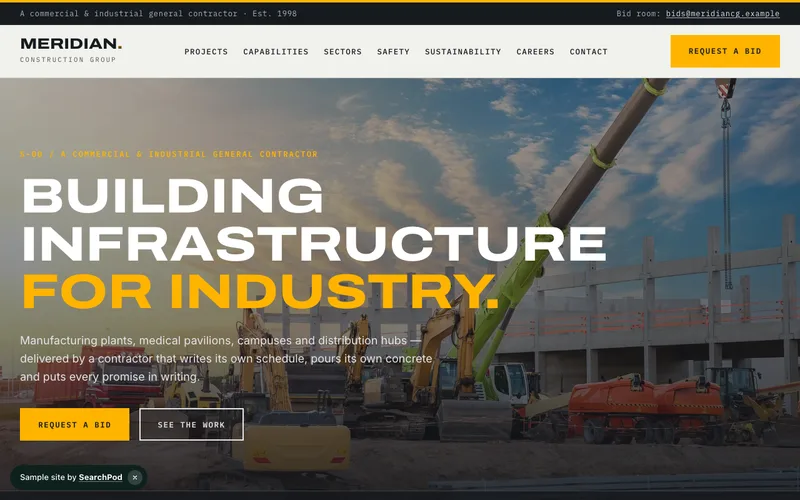 Meridian Construction Group — homepage of the live construction sample site