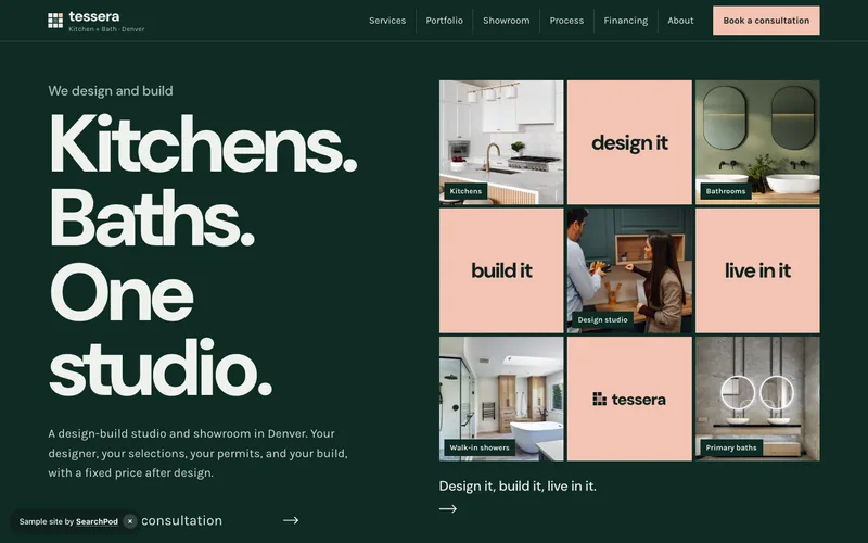 Tessera Kitchen + Bath — homepage of the live sample site