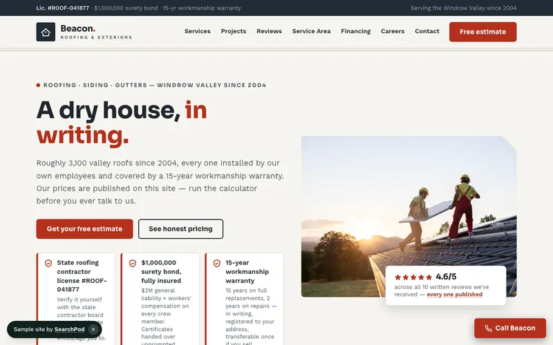 Beacon Roofing & Exteriors — homepage of the live sample site