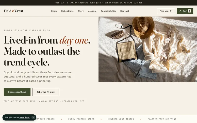 Field & Crest — homepage of the live e-commerce sample site