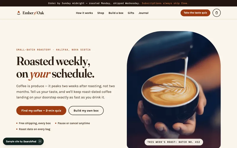 Ember & Oak Coffee — homepage of the live e-commerce sample site