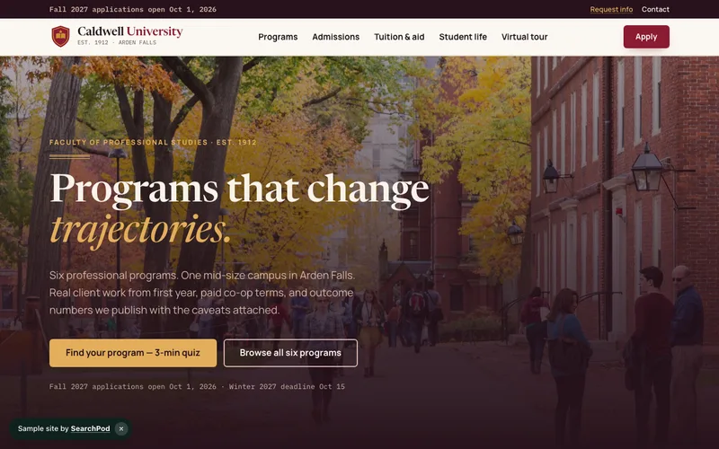 Caldwell University — homepage of the live education sample site