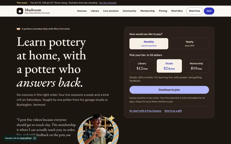 Mudroom Clay Club — homepage of the live sample site