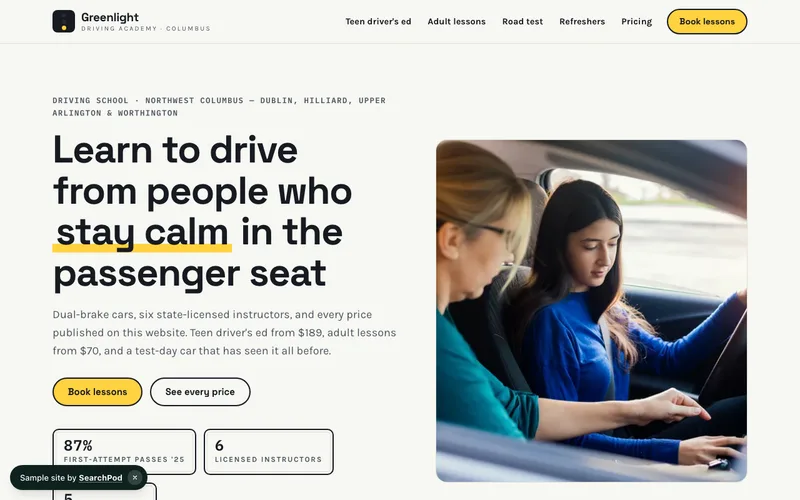 Greenlight Driving Academy — homepage of the live education sample site