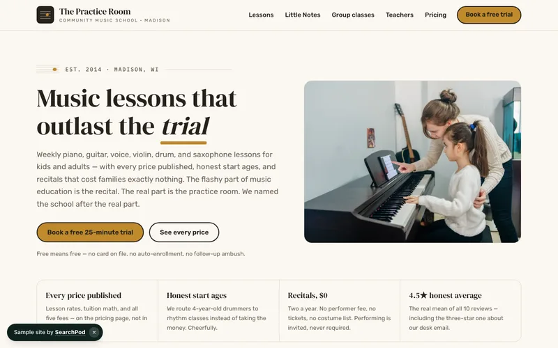 The Practice Room — homepage of the live education sample site