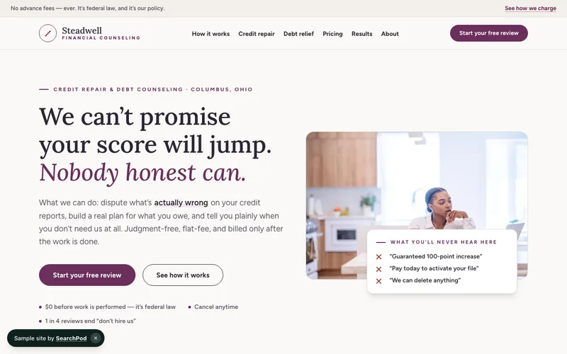 Steadwell Financial Counseling — homepage of the live finance sample site