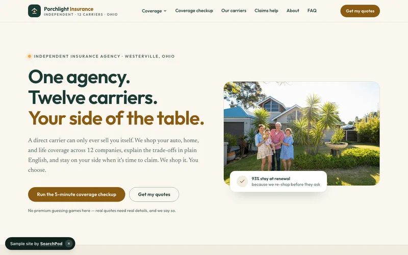Porchlight Insurance Group — homepage of the live finance sample site