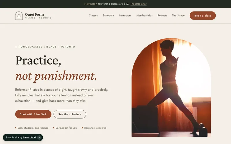 Quiet Form Pilates — homepage of the live sample site
