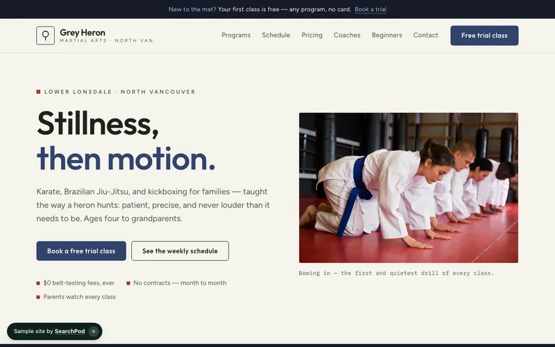 Grey Heron Martial Arts — homepage of the live fitness sample site