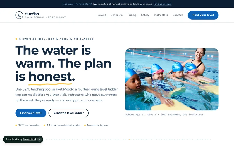 Sunfish Swim School — homepage of the live fitness sample site