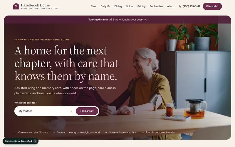 Hazelbrook House — homepage of the live sample site