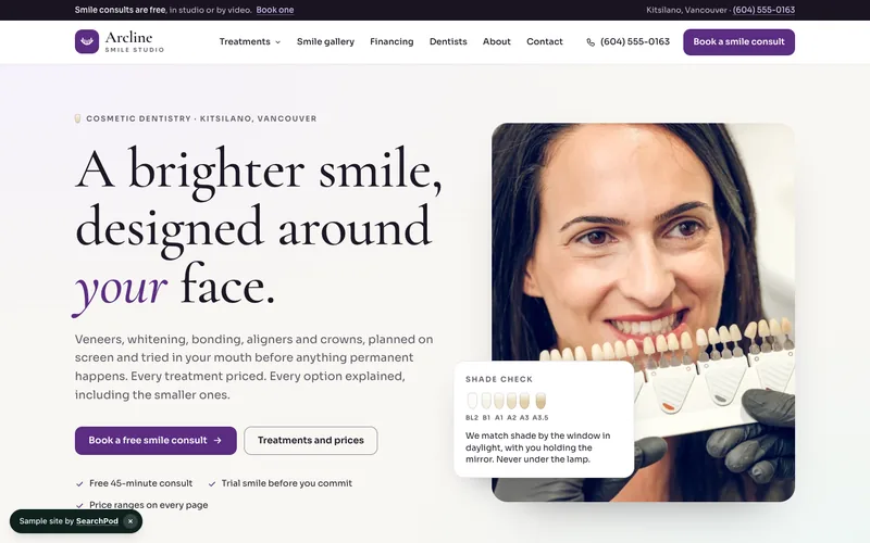Arcline Smile Studio — homepage of the live sample site