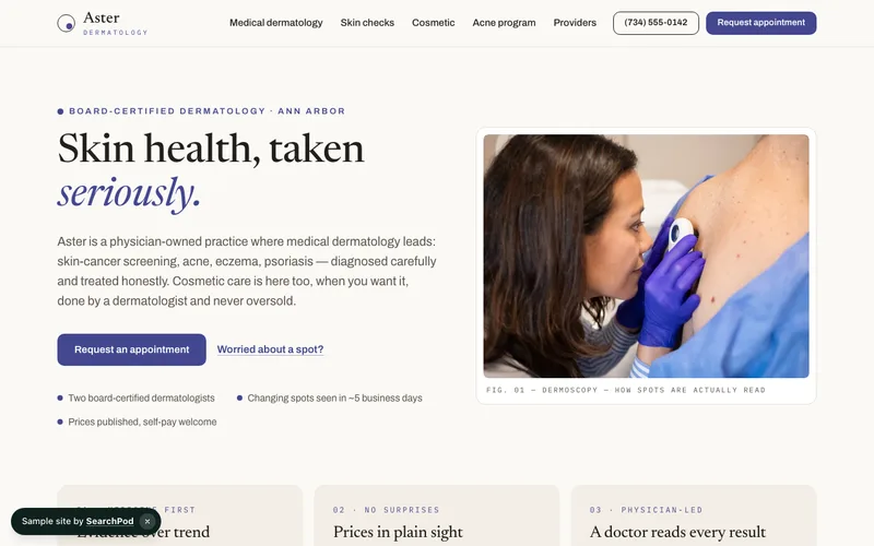 Aster Dermatology — homepage of the live healthcare sample site