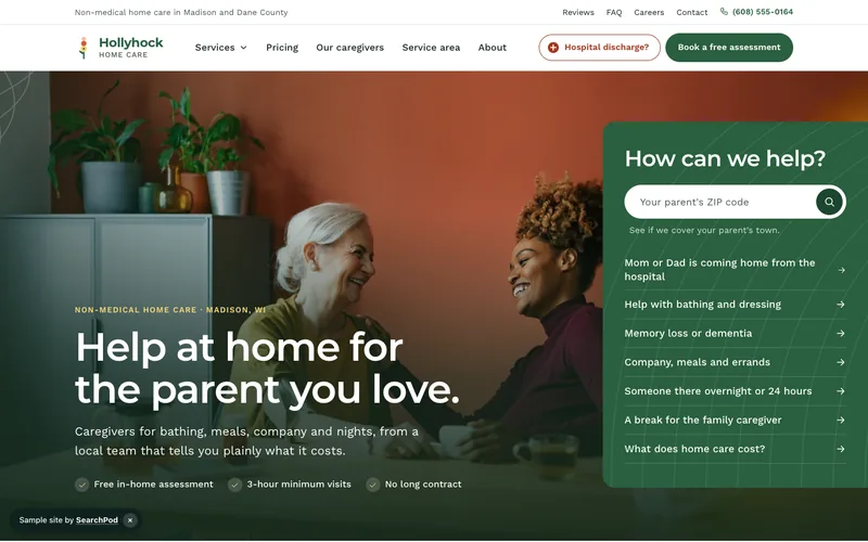 Hollyhock Home Care — homepage of the live sample site