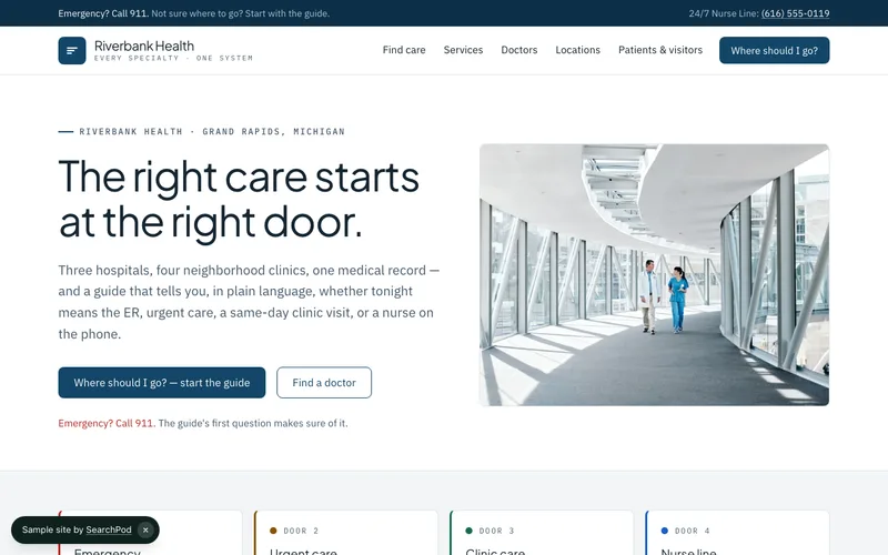 Riverbank Health — homepage of the live hospital + multi-specialty system sample site