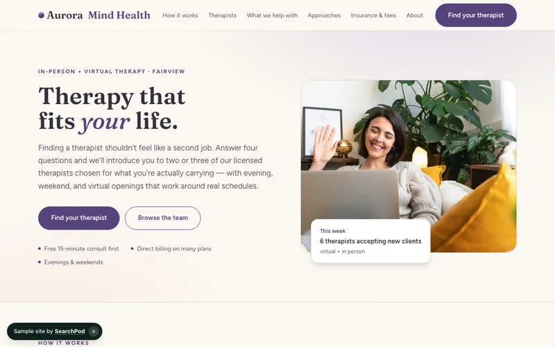 Aurora Mind Health — homepage of the live healthcare sample site