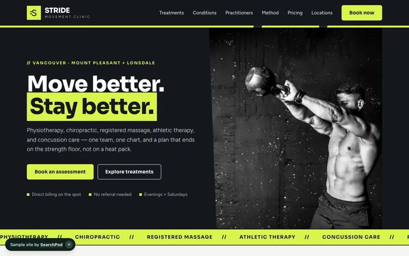 Stride Movement Clinic — homepage of the live healthcare sample site