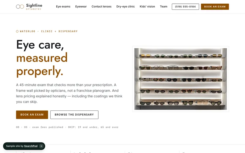 Sightline Optometry — homepage of the live sample site