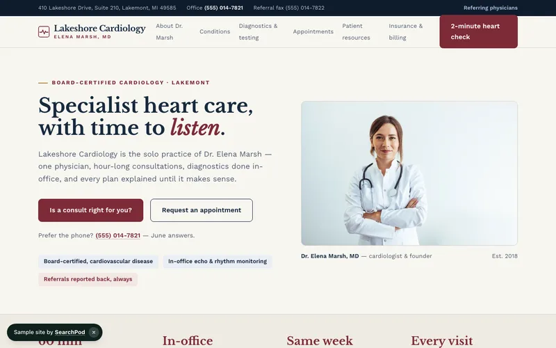 Lakeshore Cardiology — homepage of the live healthcare sample site