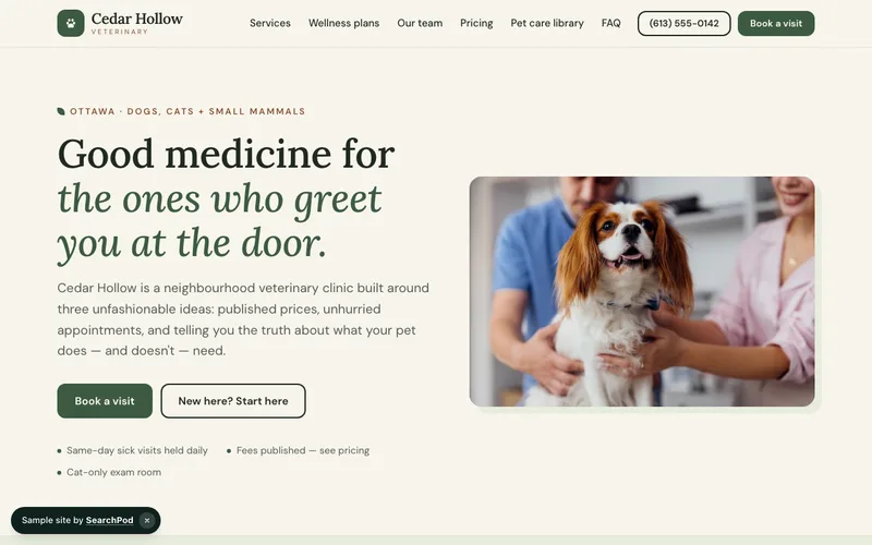 Cedar Hollow Veterinary — homepage of the live sample site