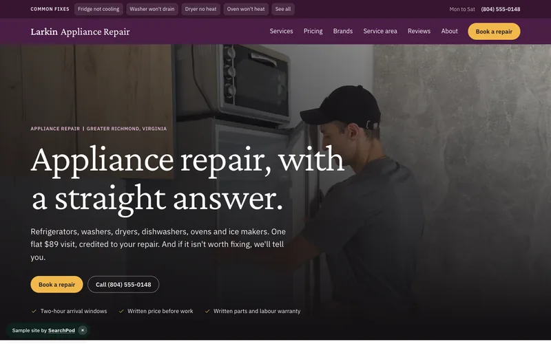 Larkin Appliance Repair — homepage of the live sample site