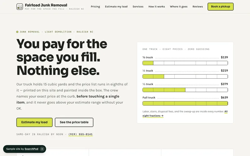 Fairload Junk Removal — homepage of the live sample site