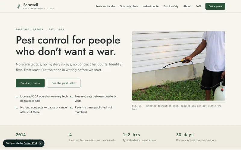 Fernwell Pest Management — homepage of the live home services sample site