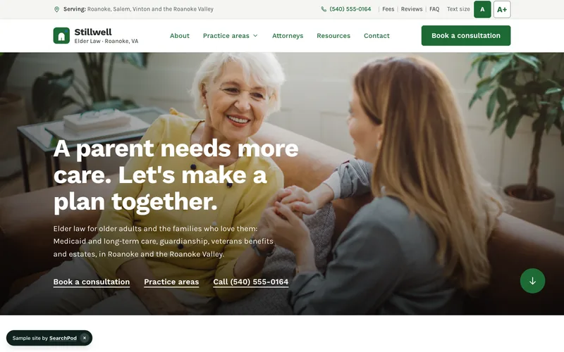 Stillwell Elder Law — homepage of the live sample site