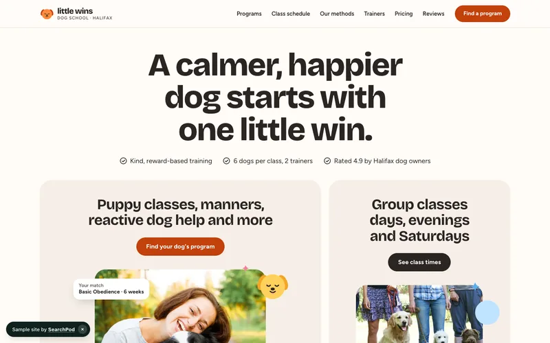 Little Wins Dog School — homepage of the live sample site