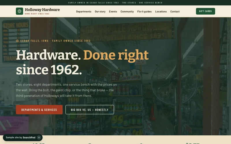 Holloway Hardware — homepage of the live local business sample site