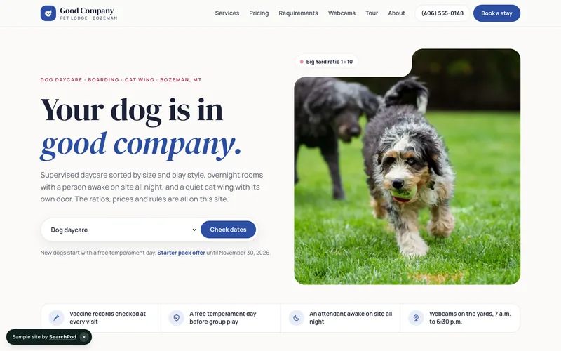 Good Company Pet Lodge — homepage of the live sample site