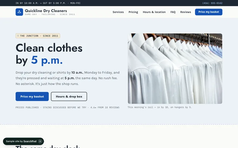 Quickline Dry Cleaners — homepage of the live local business sample site