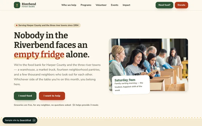 Riverbend Food Bank — homepage of the live sample site