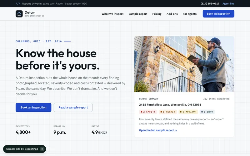 Datum Home Inspection Co. — homepage of the live sample site