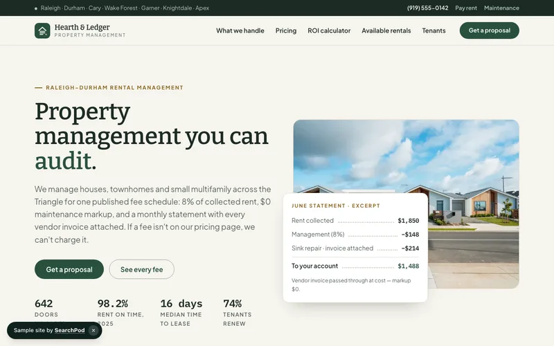 Hearth & Ledger — homepage of the live real estate sample site