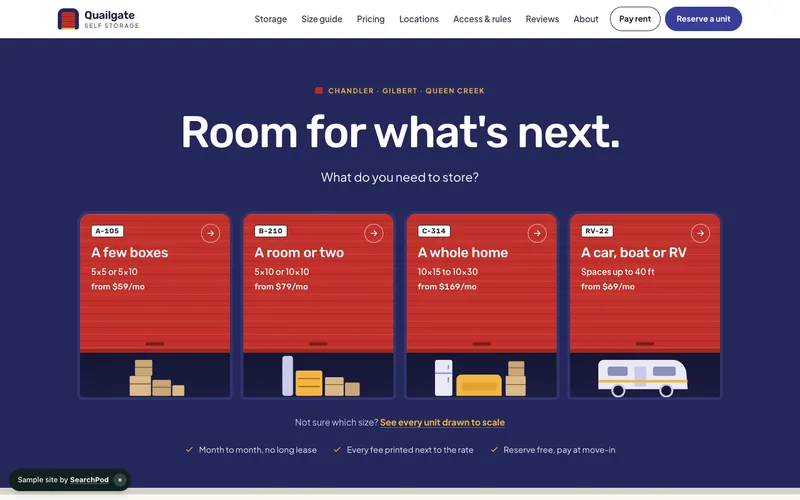 Quailgate Self Storage — homepage of the live sample site